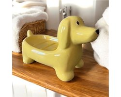 Teckel - teckel zeepbakje - teckel zeephouder (19x8cm) - teckel zeep - geel - hond - inclusief 2 kleine teckel zeepjes