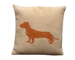 Teckel - wollen teckel kussen - teckel kussen - kussen - hond - sierkussen - decoratief teckel kussen - inclusief vulling - 100% wol - 40x40cm - roestbruin - beige - teckelprint - belpo