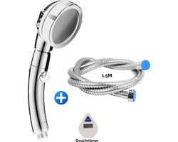 TECQX Luxe Hoge Druk Douchekop Set - 3 Standen - Pauze Knop - Universeel - Waterbesparend - Hoge druk - Douchekop met 1.5m slang en douchetimer – Chrome Zilver