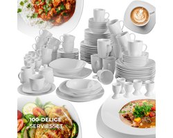 tectake® 100-delige Serviesset Salerno - Porseleinen Servies voor 12 Personen - Vaatwasser- en Magnetronbestendig - Bordenset - Wit