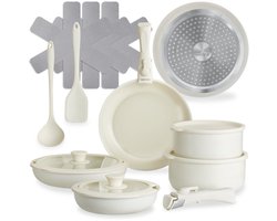 tectake® 16-delige Moderne Pannenset - 3 Koekenpannen - 2 Kookpannen - Geschikt voor Inductie - Inclusief Deksels, Afneembare Handgrepen en Beschermers - Pannen van Aluminium met Keramische Antiaanbaklaag - Ovenbestendig tot 175° - Wit