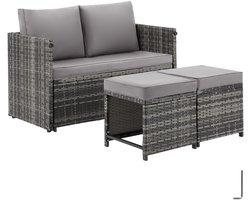 tectake® 2-in-1 Wicker Loungeset - Modulaire Tuinset - Te gebruiken als Tuinbank en Voetenbankjes - Tuintafel - Zitgroep voor 2 of 4 Personen - 110 x 60 cm - Tuinmeubelen - Voor Tuin, Balkon en Terras - Inclusief Kussens - Grijs