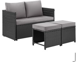 tectake® 2-in-1 Wicker Loungeset - Modulaire Tuinset - Te gebruiken als Tuinbank en Voetenbankjes - Tuintafel - Zitgroep voor 2 of 4 Personen - 110 x 60 cm - Tuinmeubelen - Voor Tuin, Balkon en Terras - Inclusief Kussens - Zwart