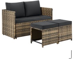 tectake® 2-in-1 Wicker Loungeset - Modulaire Tuinset - Te gebruiken als Tuinbank en Voetenbankjes - Tuintafel - Zitgroep voor 2 of 4 Personen - 110 x 60 cm - Tuinmeubelen - Voor Tuin, Balkon en Terras - Inclusief Kussens - Naturel