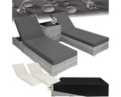 tectake® - 2 Luxe ligbedden - 3-Delige wicker ligbedden set met aluminium frame - Tuinmeubelset met 2 ligbedden - Inclusief bijzettafel, kussens en 2 hoezensets - 5-standen tuinstoel - Lichtgrijs
