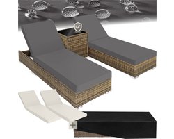 tectake® - 2 Luxe ligbedden - 3-Delige wicker ligbedden set met aluminium frame - Tuinmeubelset met 2 ligbedden - Inclusief bijzettafel, kussens en 2 hoezensets - 5-standen tuinstoel - Natuurkleur