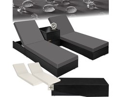 tectake® - 2 Luxe ligbedden - 3-Delige wicker ligbedden set met aluminium frame - Tuinmeubelset met 2 ligbedden - Inclusief bijzettafel, kussens en 2 hoezensets - 5-standen tuinstoel - Zwart