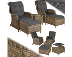 tectake® 2x premium wicker fauteuils met kruk en tafel, relaxfauteuil voor tuin, terras en balkon, lounge tuinmeubelset weerbestendig, variabel, tuinstoelen, leesstoel en ligstoel - natuurkleur - poly-rattan