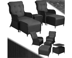 tectake® 2x Premium Wicker Tuinstoelen - Fauteuils met Kruk en Tafel - Relaxstoel voor tuin, terras en balkon - Ligstoel - Leesstoel - Lounge Tuinmeubel Set - Weerbestendig - Variabel - Zwart/Grijs