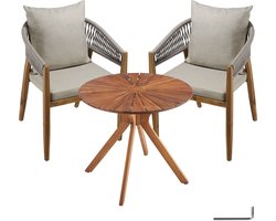 tectake® 3-delige Tuinset - Set van 2 Tuinstoelen in Rope Design met Ronde Acaciahout Tuintafel - Balkonset - Weerbestendig - 2 Persoons Bistroset - Inclusief Comfortabele Kussens - Grijs/Beige