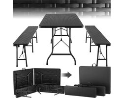 tectake® 3-delige Tuintafel Set - 180 cm - Campingtafel met 2 Banken - Inklapbaar - Lichtgewicht - Camping Tafel met Handgrepen - Ook te gebruiken als Biertafel, Picknicktafel, Buffettafel - Zwart