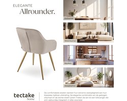 tectake® 4 x Fluwelen Stoel – set van 4 Eetkamerstoelen Met Gewatteerde Fluwelen Stof, Moderne Keukenstoelen, Comfortabele Fauteuil Voor Woonkamer, Eetkamer, Lounge – taupe / goud