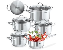 tectake® 9-delige Kookpannenset Bologna - Kookpottenset - Kookpan - Steelpan - RVS Pannen - Pannenset - Geschikt voor Inductie en Gasfornuis - Kookpotten met Glazen Deksel, Stoomafvoer en Spiraalbodem - Vaatwasserbestendig