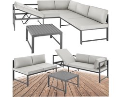 tectake® Aluminium Tuinset met 6-voudig Verstelbare Rugleuning - Loungeset met Tuinbank, Zachte Kussens en Tafel - Zitgroep voor Tuin en Balkon - Tuinmeubels - Weerbestendig - Grijs