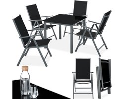 tectake® - Aluminium Tuinset - Zitgroep met 4 Tuinstoelen en 1 Tuintafel - Donkergrijs - Tuinmeubelset voor 4 Personen - Weerbestendig en UV-bestendig - Stoelen met verstelbare Rugleuning - Tuintafelset