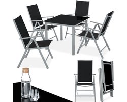 tectake® - Aluminium Tuinset - Zitgroep met 4 Tuinstoelen en 1 Tuintafel - Zilver/Grijs - Tuinmeubelset voor 4 Personen - Weerbestendig en UV-bestendig - Stoelen met verstelbare Rugleuning - Tuintafelset