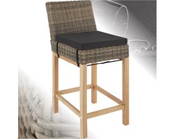 tectake® Aluminium wicker barkruk met rugleuning - Barkruk met kussen en voetsteun - Weerbestendige buitenbarkruk met houten poten - Bistrokruk voor toonbank, balkon, tuin en terras - Afmeting (LxBxH) 45 x 62,5 x 99 cm - Lichtbruin