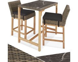 tectake® Aluminium wicker bartafel met 2 barkrukken - 3-delige tuinbarset voor terras en balkon - UV-bestendig - Weerbestendig tuinmeubilair - Afmeting tafel (LxBxH) 96 x 65 x 100 cm - Afmeting kruk (LxBxH) 45 x 62,5 x 99 cm - Lichtbruin