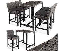 tectake® Aluminium wicker bartafel met 4 barkrukken - 5-delige tuinbarset voor terras en balkon - UV-bestendig - Weerbestendig tuinmeubilair - Afmeting tafel (LxBxH) 96 x 65 x 100 cm - Afmeting kruk (LxBxH) 45 x 62,5 x 99 cm - Grijs