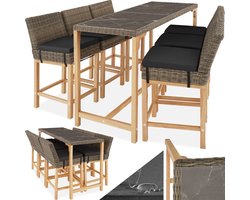 tectake® Aluminium wicker bartafel met 6 barkrukken - 7-delige tuinbarset voor terras en balkon - UV-bestendig - Weerbestendig tuinmeubilair - Afmeting tafel (LxBxH) 161 x 64,5 x 99,5 cm - Afmeting kruk (LxBxH) 45 x 62,5 x 99 cm - Lichtbruin