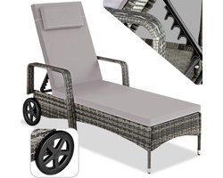 tectake® Aluminium wicker outdoor ligstoel - Met armleuningen en wielen - Polyrotan tuinligstoel - In 6 standen verstelbare rugleuning - Balkonmeubel of Tuinmeubel - Belasting 150 kg - Afmeting (LxBxH) 196 x 72 x 57 - 94,5 cm - Grijs