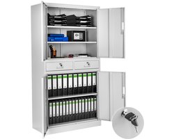 tectake® Archiefkast - Kantoorkast - 2 kastdelen met afsluitbare deuren - 2 afsluitbare lades - Eenvoudige montage - Ruime constructie - Vleugeldeuren - 4 Deuren - Afmeting (HxBxD) 180x80x40 cm - Grijs