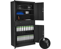 tectake® Archiefkast - Kantoorkast - 2 kastdelen met afsluitbare deuren - 2 afsluitbare lades - Eenvoudige montage - Ruime constructie - Vleugeldeuren - 4 Deuren - Afmeting (HxBxD) 180x80x40 cm - Zwart