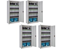 tectake® Archiefkast - Kantoorkast afsluitbaar - Multifunctionele kast van staal - Universele kast met 2 deuren - 5 in hoogte verstelbare planken - Afsluitbaar met veiligheidscilinderslot - Afmeting (LxBxH) 180 x 90 x 40 cm - Set van 4 - Lichtgrijs
