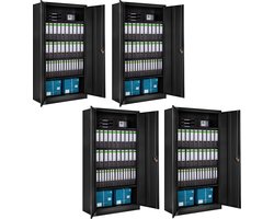 tectake® Archiefkast - Kantoorkast afsluitbaar - Multifunctionele kast van staal - Universele kast met 2 deuren - 5 in hoogte verstelbare planken - Afsluitbaar met veiligheidscilinderslot - Afmeting (LxBxH) 180 x 90 x 40 cm - Set van 4 - Zwart