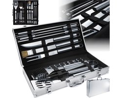 tectake®- Barbecuegereedschap Set – 8 Stuks in Roestvrij Staal – Inclusief Reinigingsborstel, Tang, Vork, Mes en Maïskolfhouders – Geleverd in Aluminium Koffer (47 x 8 x 22 cm)