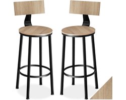 tectake® Barkruk - Ronde Bistrokruk - Set van 2 - Barkrukken - Vintage Barstoel met Voetsteun en Rugleuning - Zitting van MDF-hout - Industrieel design - Draagkracht kruk 120 kg - Afmeting 46,5 x 104 cm - Barstoelen - Eetkamerstoelen - Lichtbruin
