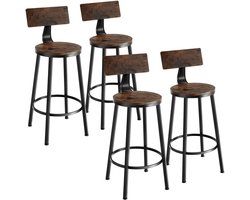 tectake® Barkruk - Ronde Bistrokruk - Set van 4 - Barkrukken - Vintage Barstoel met Voetsteun en Rugleuning - Zitting van MDF-hout - Industrieel design - Draagkracht kruk 120 kg - Afmeting 46,5 x 104 cm - Barstoelen - Eetkamerstoelen - Donkerbruin