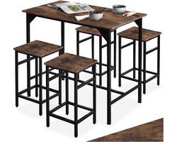 tectake® Bartafelset 5-delig - Bartafel met 4 barkrukken - Bistro bartafel met kruk - Industrieel design - Zwart metalen frame - Draagkracht tafel 75 kg kruk 150 kg - Afmeting (LxBxH) tafel 100 x 60 x 88,5 cm kruk 32 x 32 x 58 cm - Donkerbruin