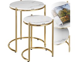 tectake® Bijzettafel Ellsa - Rond - Set van 2 - In Elkaar Passend - Bijzettafels met Marmeren Blad - 43 x 50,5 en 33 x 40,5 cm - Wit/Goud - Salontafel - Bedtafel - Draagkracht 12kg per Tafel