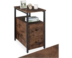 tectake® Bijzettafel met 2 lades en 2 niveaus van hout - Smal nachtkastje in industrieel design - Voor woonkamer, slaapkamer, kantoor, hal - Zwart metalen frame - Afmeting (LxBxH) 30 x 49,5 x 61,5 cm - Donkerbruin