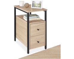 tectake® Bijzettafel met 2 lades en 2 niveaus van hout - Smal nachtkastje in industrieel design - Voor woonkamer, slaapkamer, kantoor, hal - Zwart metalen frame - Afmeting (LxBxH) 30 x 49,5 x 61,5 cm - Lichtbruin