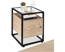 tectake® Bijzettafel met kast en 2 niveaus - Met glazen blad - Nachtkastje in industrieel design - Voor woonkamer, slaapkamer, kantoor, hal - Zwart metalen frame - Afmeting (LxBxH) 40 x 43 x 60,5 cm - Lichtbruin