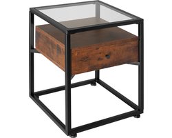 tectake® Bijzettafel met lade en 2 niveaus - Met glazen blad - Nachtkastje in industrieel design - Voor woonkamer, slaapkamer, kantoor, hal - Zwart metalen frame - Afmeting (LxBxH) 43 x 45 x 54,5 cm - Donkerbruin