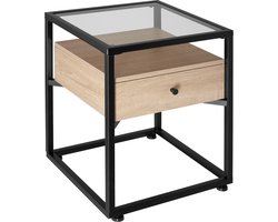 tectake® Bijzettafel met lade en 2 niveaus - Met glazen blad - Nachtkastje in industrieel design - Voor woonkamer, slaapkamer, kantoor, hal - Zwart metalen frame - Afmeting (LxBxH) 43 x 45 x 54,5 cm - Lichtbruin