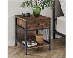 tectake® Bijzettafel met lade en opbergvak met rooster - Nachtkastje in industrieel design - Voor woonkamer, slaapkamer, kantoor, hal - Zwart metalen frame - Afmeting (LxBxH) 45 x 46 x 55,5 cm - Donkerbruin