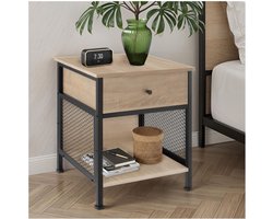 tectake® Bijzettafel met lade en opbergvak met rooster - Nachtkastje in industrieel design - Voor woonkamer, slaapkamer, kantoor, hal - Zwart metalen frame - Afmeting (LxBxH) 45 x 46 x 55,5 cm - Lichtbruin