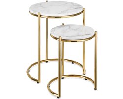 tectake® Bijzettafel - Rond - Set van 2 - In Elkaar Passend - Bijzettafels met Marmeren Blad - 43 x 50,5 en 33 x 40,5 cm - Wit/Goud - Salontafel - Bedtafel - Draagkracht 12kg per Tafel