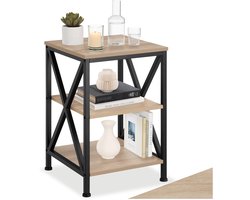 tectake® Bijzettafel van Hout en Metaal – Nachtkastje met 3 Niveaus, X-Vormige Spijlen, Industrieel Design, Vintage Salontafel, Zwart Metalen Frame – Licht Sonoma Eiken