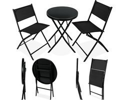 tectake® - bistroset, tafel en 2 x stoelen, kleine ronde eettafel, klaptafel en klapstoelenset, ruimtebesparend meubilair -weerbestendig - voor balkon, terras, tuinmeubelen - zwart