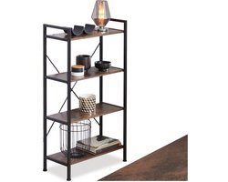 tectake® Boekenkast met 4 Niveaus - Stevige Staande Plank in Industrieel Design - Zwart Metalen Frame, Vintage Houten Plank - 67,5 x 31,5 x 121,5 cm - (donkerbruin)