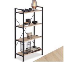 tectake® Boekenkast met 4 Niveaus - Stevige Staande Plank in Industrieel Design - Zwart Metalen Frame, Vintage Houten Plank - 67,5 x 31,5 x 121,5 cm - (Licht Hout, Sonoma Eiken)