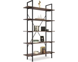 tectake® Boekenkast met 5 Planken - Rek voor Boeken, Ornamenten, Bloemen, CD's, Foto's - Vintage Ontwerp van Hout en Metaal - Donkerbruin - 106 x 34,5 x 179,5 cm