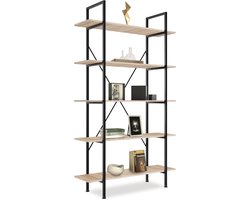 tectake® - Boekenkast met 5 planken - Rek voor boeken, ornamenten, bloemen, CD's, foto's - Vintage ontwerp van hout en metaal - lichtbruin