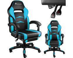 tectake® Bureaustoel - Gamingstoel met verstelbare rugleuning, voetensteun en armleuningen - Inclusief nekkussen en lendensteun - Ergonomisch - In hoogte verstelbaar - Maximale belastbaarheid 120 KG - Afmeting (LxBxH) 70x75x120-128 cm - Zwart / blauw