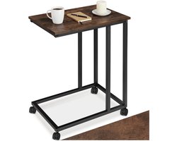 tectake® C-Vormige Bijzettafel - Salontafel met Wieltjes - Mobiele laptoptafel van hout en metaal - Industrieel design - Belastbaarheid 75 kg - Afmeting (LxBxH) 48 x 35 x 70 cm - Zwart metalen frame - Donkerbruin